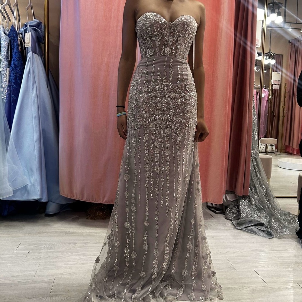 Elegant Strapless Silver Prom Dress